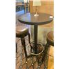Image 2 : 24" ROUND X 43"H WOOD TOP BAR TABLE WITH 2 DARK WOOD BROWN LEATHER TOP STUDDED BAR STOOLS &