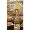 Image 2 : LIGHT WOODEN FLOOR LAMP WITH 2 DARK WOOD BROWN LEATHER STUDDED ARM CHAIRS