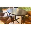Image 2 : DARK WOOD 54"W X 36" OVAL TABLE WITH 3 DARK WOOD BROWN LEATHER STUDDED ARM CHAIRS