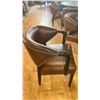 Image 3 : DARK WOOD 54"W X 36" OVAL TABLE WITH 3 DARK WOOD BROWN LEATHER STUDDED ARM CHAIRS