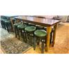 Image 3 : WOODEN 78"W X 21"D X 36"H BAR TABLE WITH 8 DARK WOOD GREEN LEATHER TOP STUDDED BAR STOOLS