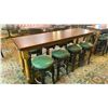 Image 3 : WOODEN 78"W X 21"D X 36"H BAR TABLE WITH 8 DARK WOOD GREEN LEATHER TOP STUDDED BAR STOOLS