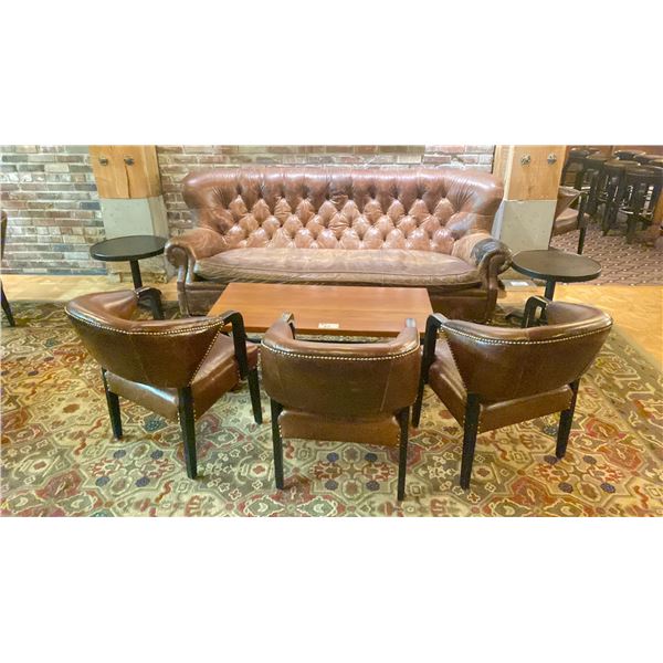BROWN LEATHER STUDDED BACK 3 SEAT COUCH, 3 DARK WOOD BROWN LEATHER STUDDED ARM CHAIRS, METAL BASE