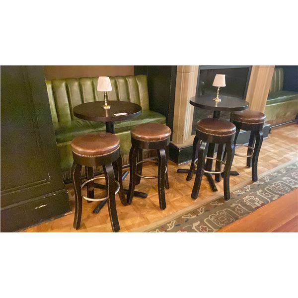 PAIR OF 24" ROUND X 43"H WOOD TOP BAR TABLE WITH 4 DARK WOOD BROWN LEATHER TOP