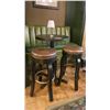 Image 2 : PAIR OF 24" ROUND X 43"H WOOD TOP BAR TABLE WITH 4 DARK WOOD BROWN LEATHER TOP