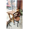 Image 1 : WOODEN 68"W X 21"D X 42 1/2"H MOBILE BAR TABLE WITH 4 DARK WOOD BROWN LEATHER TOP STUDDED BAR
