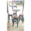 Image 1 : 24" ROUND X 43"H WOOD TOP BAR TABLE WITH 4 DARK WOOD BROWN LEATHER TOP STUDDED BAR STOOLS &