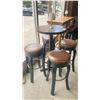 Image 2 : 24" ROUND X 43"H WOOD TOP BAR TABLE WITH 4 DARK WOOD BROWN LEATHER TOP STUDDED BAR STOOLS &