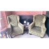 Image 1 : PAIR OF GREEN ANTIQUE STYLE WING BACK CHAIRS, DARK WOOD SIDE TABLE, WOODEN FLOOR LAMP GOLD TABLE