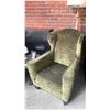 Image 2 : PAIR OF GREEN ANTIQUE STYLE WING BACK CHAIRS, DARK WOOD SIDE TABLE, WOODEN FLOOR LAMP GOLD TABLE