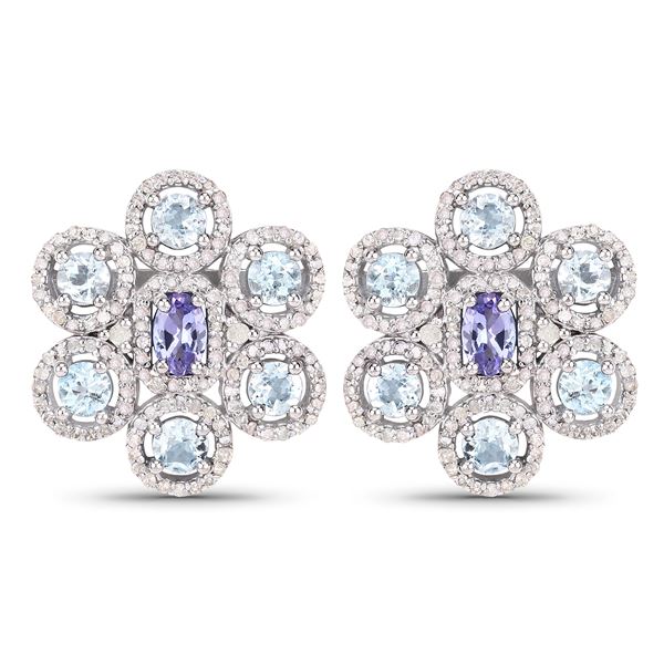 Aquamarine, Tanzanite, & Diamond Flower Earrings