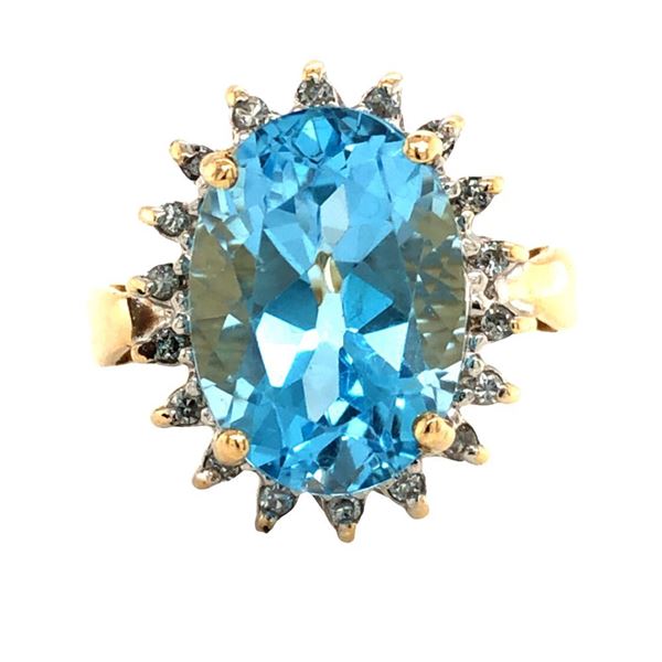 Yellow Gold Oval Blue Topaz & Diamond Halo Ring