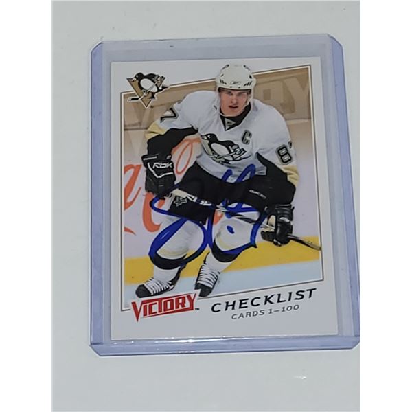 Signed Sidney Crosby Victory Checklist Hockey Card in Top Loader - Mint - Unauthenticated