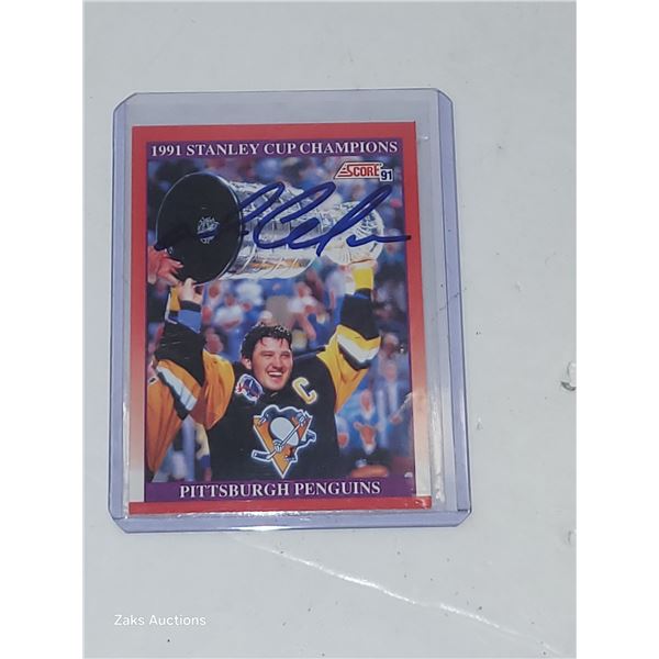 Signed 1991 Score Stanley Cup Champions Mario Lemieux NHL Hockey Card in Top Loader - Mint - Unauthe