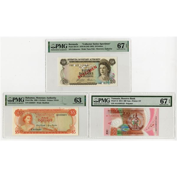 Bahamas, Bermuda, and Vanuatu Issued and Specimen Banknote Trio, 1968 to 2014
