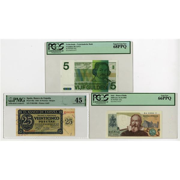 Italy, Netherlands, and Spain Trio of Issued Banknotes, 1936 to 1983