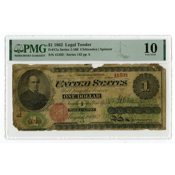Legal Tender Note, $1, 1862, Fr#17a, Series 1-166, Chittenden | Spinner Signature, Issued Banknote