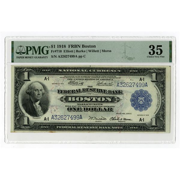 Boston MA. F.R.N., Federal Reserve Bank of Boston, $1, 1918, Fr#710, Issued Banknote