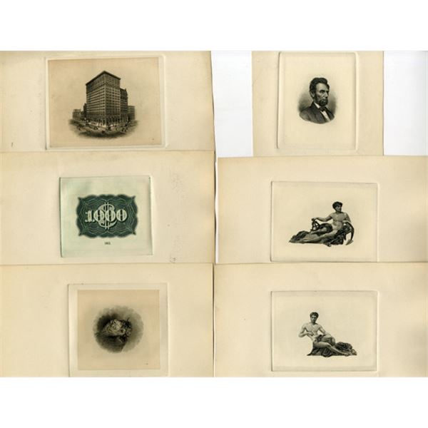 President Lincoln, Bull, Large Building, and Allegorical Large Die Proof Vignette Assortment, ca.188