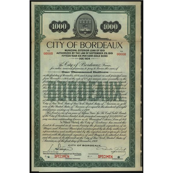 France. City of Bordeaux, Loan of 1919, Specimen Gold Coupon Bond.