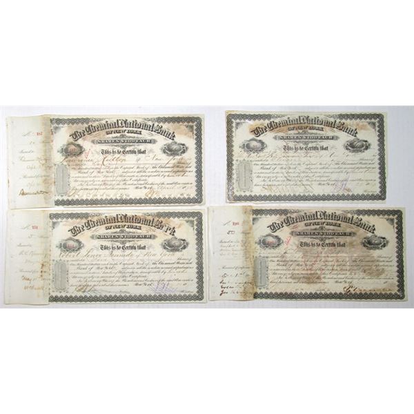 Chemical National Bank of New York, 1869 to 1879, I/C Stock Certificate Quartet.