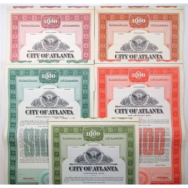City of Atlanta, 1946, Specimen Municipal Bond Quintet for Airport, Sewage, Fire, and Auditorium Imp