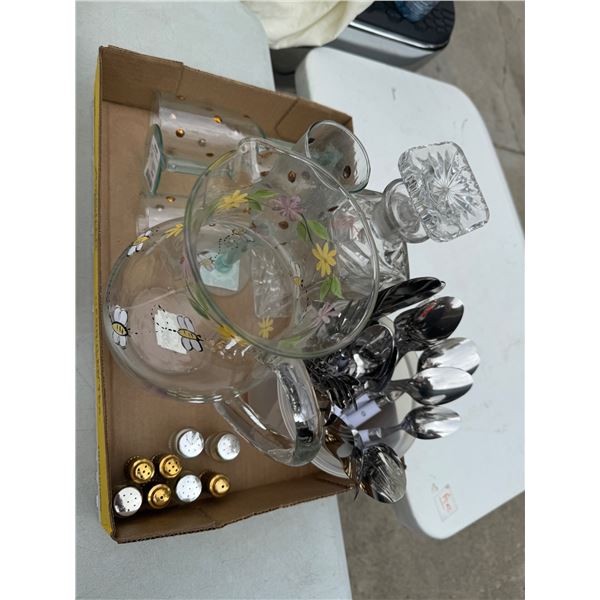 Glass, pitcher, cutlery, mini salt, and pepper, shakers, and glasses