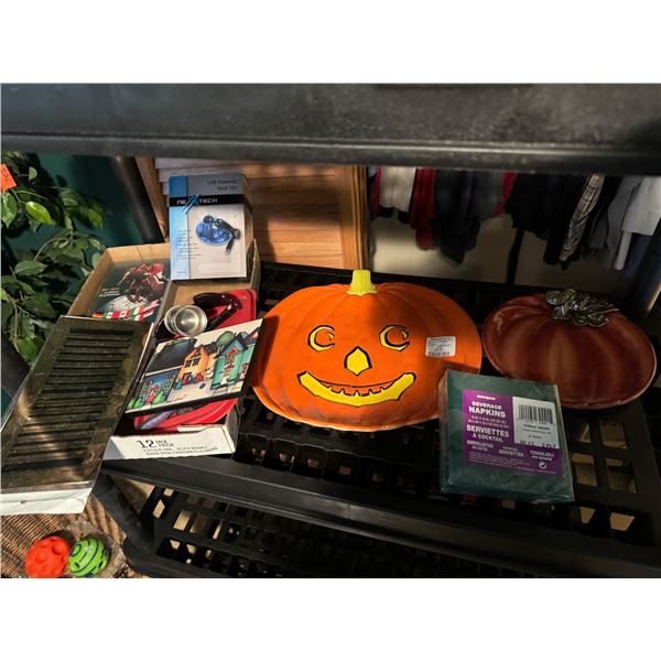 Halloween platters, napkins, tile, art, register, covers, etc.