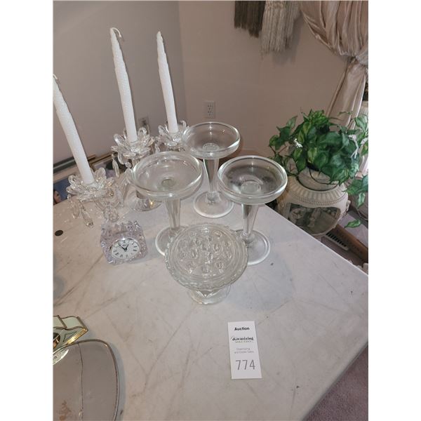 Glass Candelabra, Candlesticks, Clock A