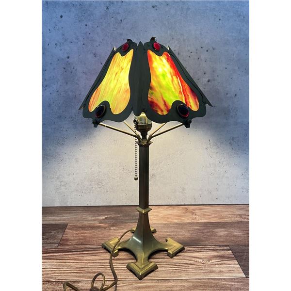 Arts & Crafts Slag Glass Bronze Lamp