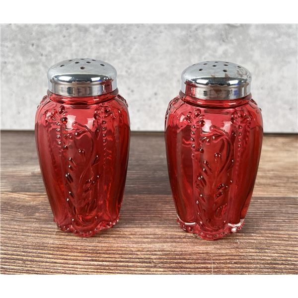 Northwood Cranberry Glass Paneled Sprig Shakers
