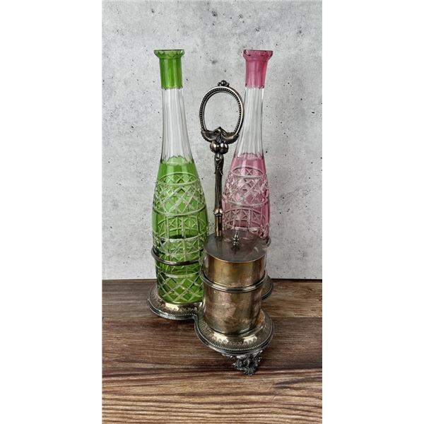 Victorian Tantalus & Cut To Clear Decanter Set