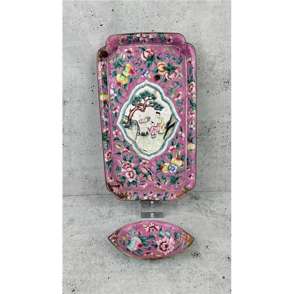 Chinese Enamel On Copper Tray & Dish