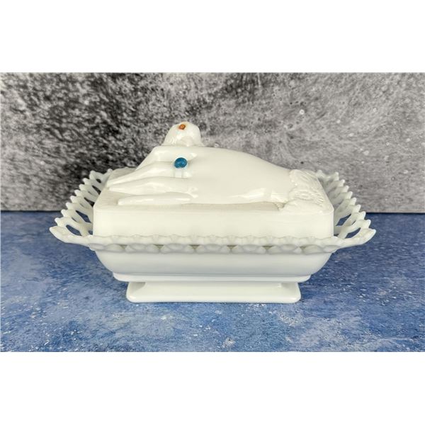 Westmoreland Hand & Dove Milk Glass Covered Dish