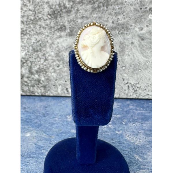 Victorian 10K Gold Seed Pearl Cameo Brooch