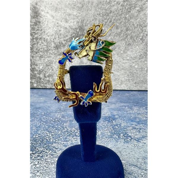 Sterling Silver Chinese Cloisonne Dragon Brooch