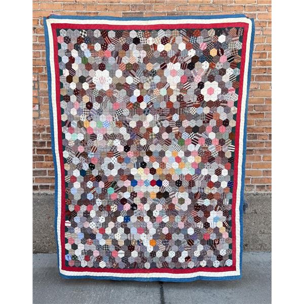 Antique Hand Stitched Hexagon Pattern Quilt