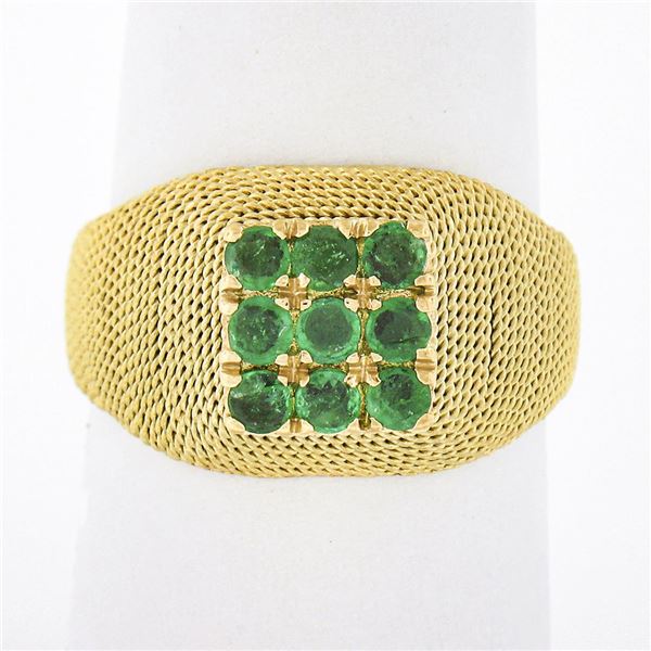 Vintage 18k Yellow Gold .75 ctw Round Emerald Cluster w/ Wrapped Twisted Wire Ri