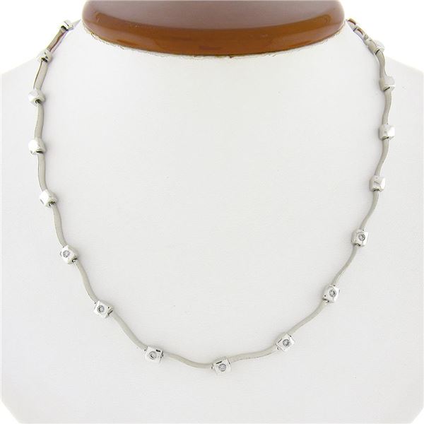 18K White Gold 16" 0.14 ctw Round Diamond Wavy Bar & Boxy Link Station Necklace
