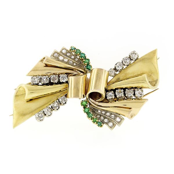 Antique 18k Gold 3.24 ctw Old Cut Diamond & Emerald Ribbon Dual Dress Clip Brooc