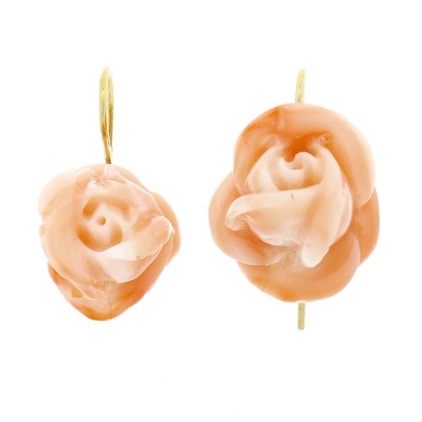 Vintage 14k Yellow Gold Carved Pink Angel Skin Coral Rose Flower Drop Earrings