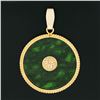 Image 2 : Estate 10K Gold Round Dark Green Jade w/ Asian Symbol Medallion Disc Pendant