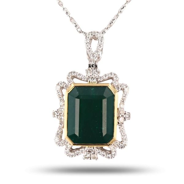 12.36 ctw Emerald and 0.83 ctw Diamond 18K Yellow and White Gold Pendant