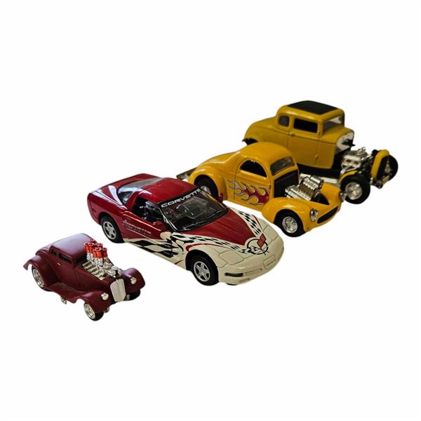 4Pcs Of Die Cast Cars: Hot Rod, Corvette, And More