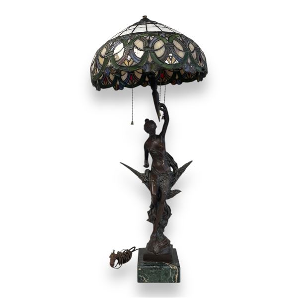 Beautiful Artist Signed Bronze Lamp With Leaded Glass Shade