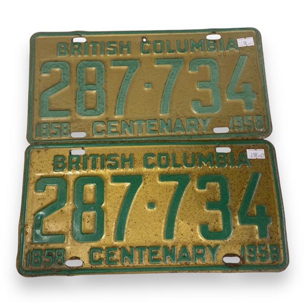 Vintage Pair Of 1958 B.C. License Plates