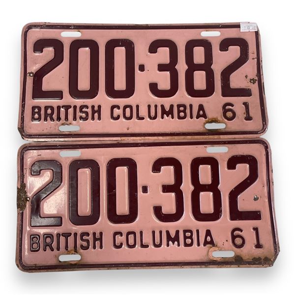 Vintage Pair Of 1961 B.C. License Plates