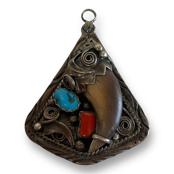 Vintage Navajo Sterling Silver Bear Claw With Turquoise & Coral Pendant