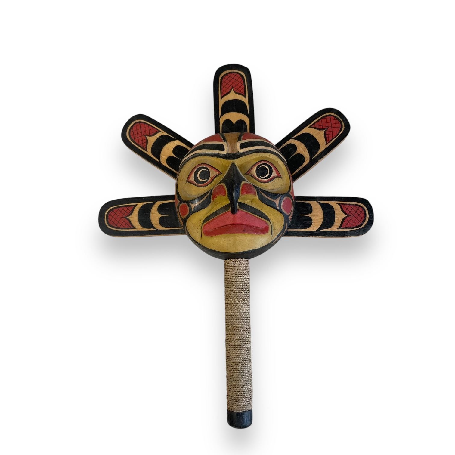 Vintage First Nations Hand Carved + Painted Sun Rattle