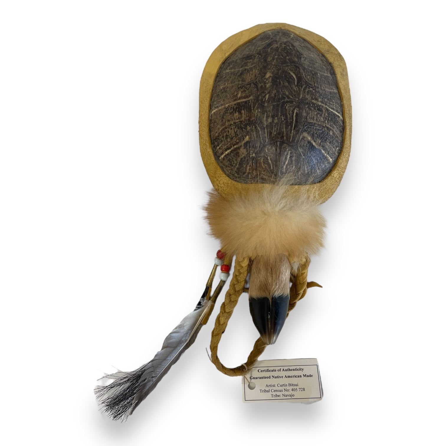 Vintage Navajo Hand Made Turtle Shell Rattle With Goat Foot + Coa